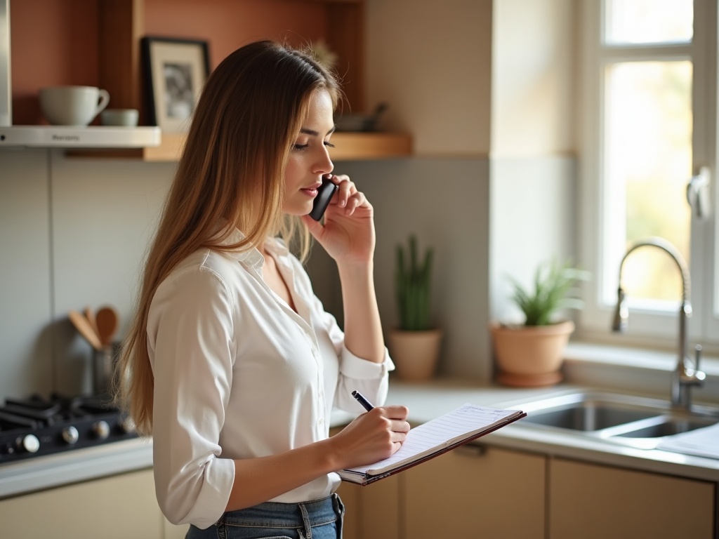 Asistente personal anota tareas en cuaderno mientras habla por teléfono en una cocina moderna