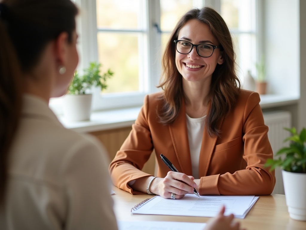 Empleadora firma contrato con asistente personal en mesa de despacho con luz natural