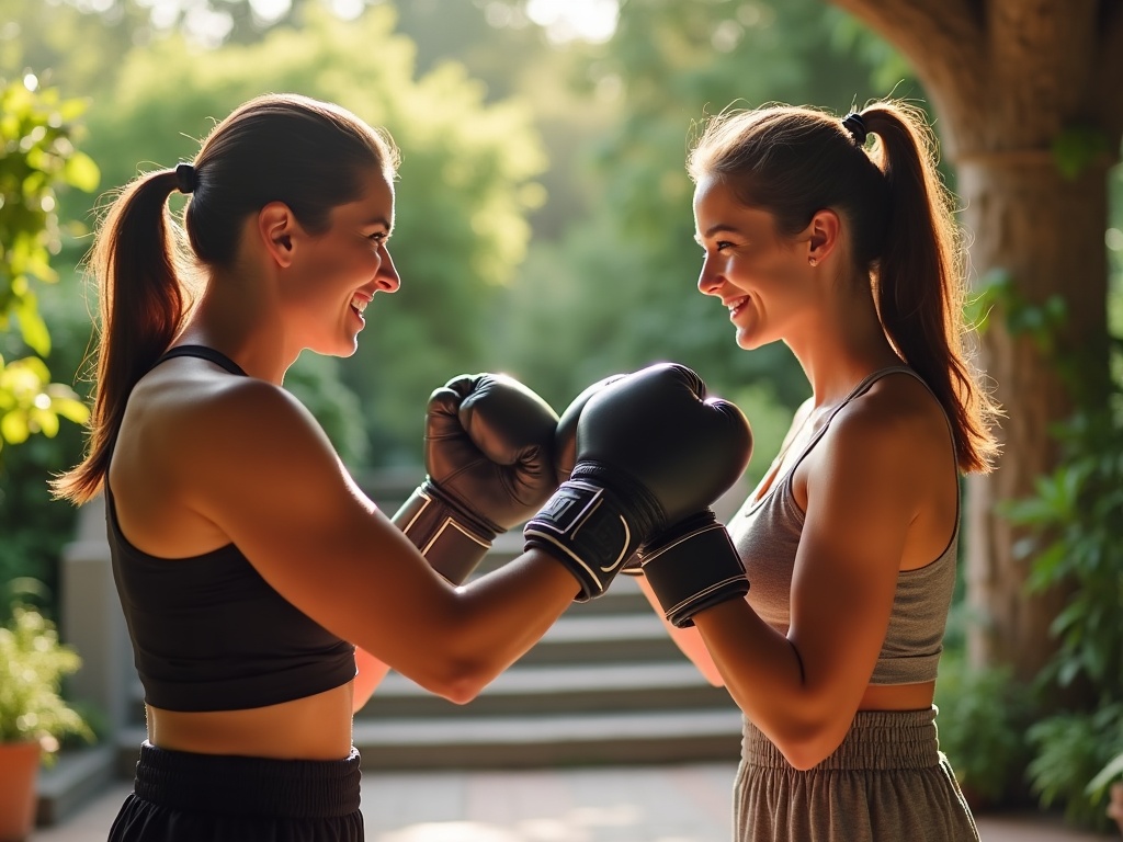 Entrenador de boxeo ajustando la postura de las manos de alumna principiante en exterior