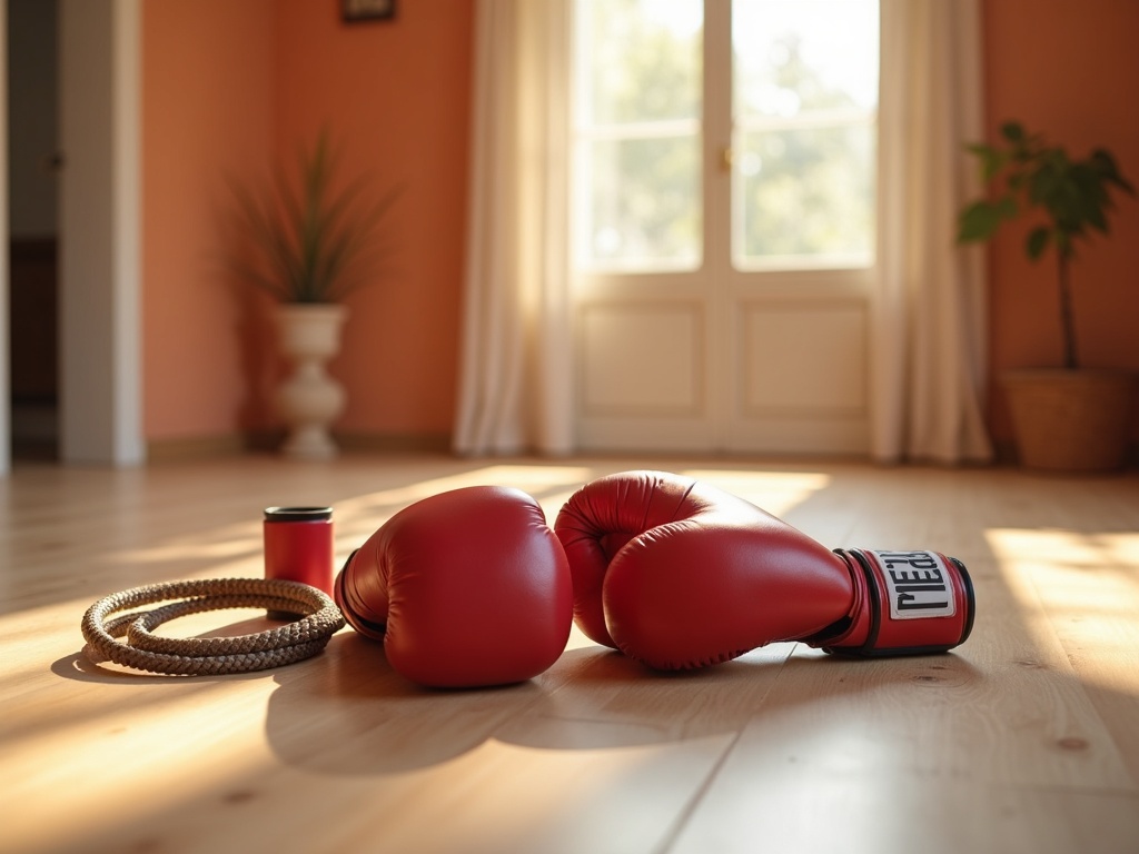 Equipo de boxeo ordenado sobre suelo de madera: guantes, vendas y pao de entrenamiento