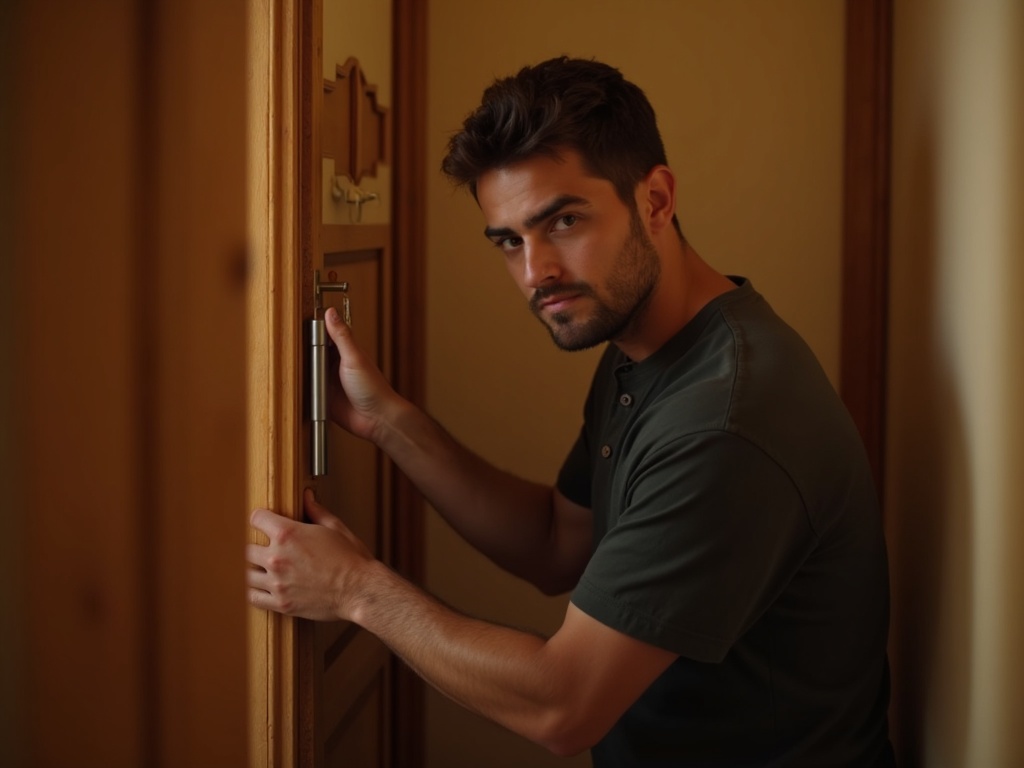Cerrajero abriendo puerta de madera con herramienta de apertura no destructiva