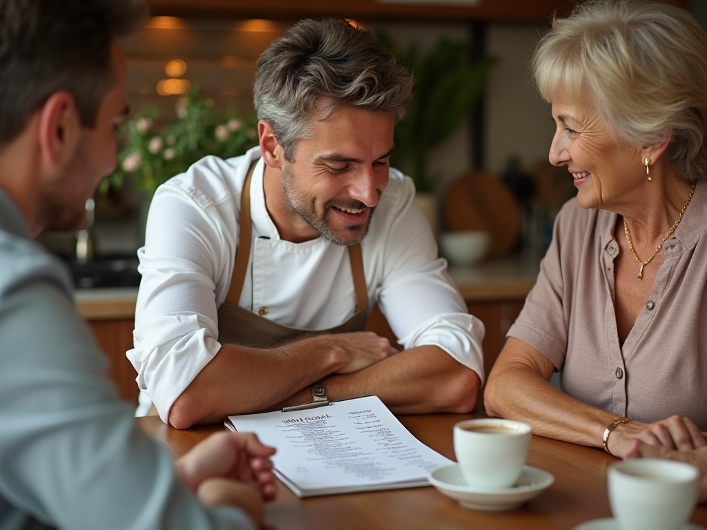 Chef repasando el menú escrito en papel junto a los clientes sentados en la mesa de la cocina