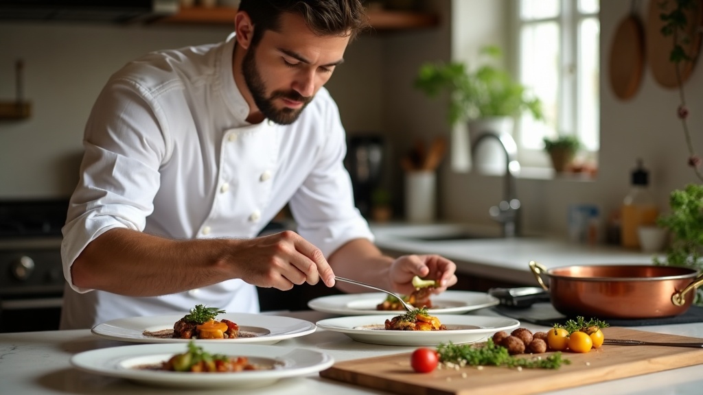 Chef a domicilio emplatando una cena de temporada en la cocina de sus clientes