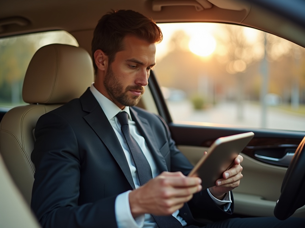 Chófer revisa ruta en tablet dentro de vehículo de alta gama con interior en cuero claro
