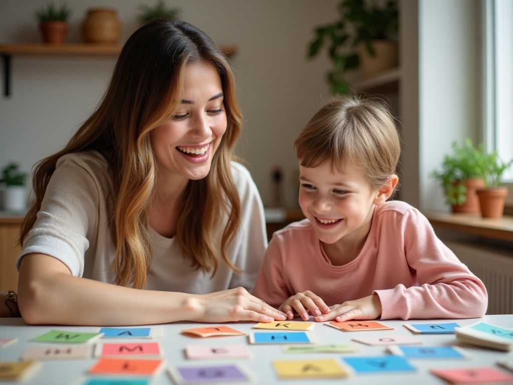 Profesora enseñando inglés a un niño con tarjetas de vocabulario