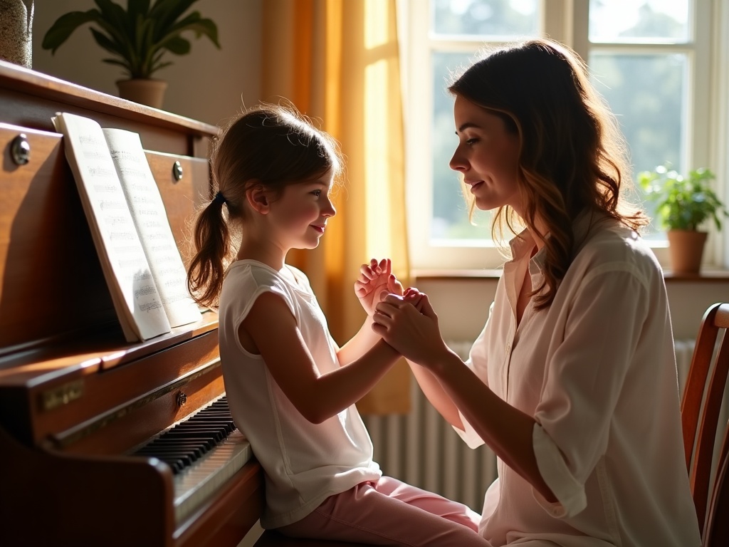 Profesora de piano corrige postura de manos a niña sentada al piano en hogar español