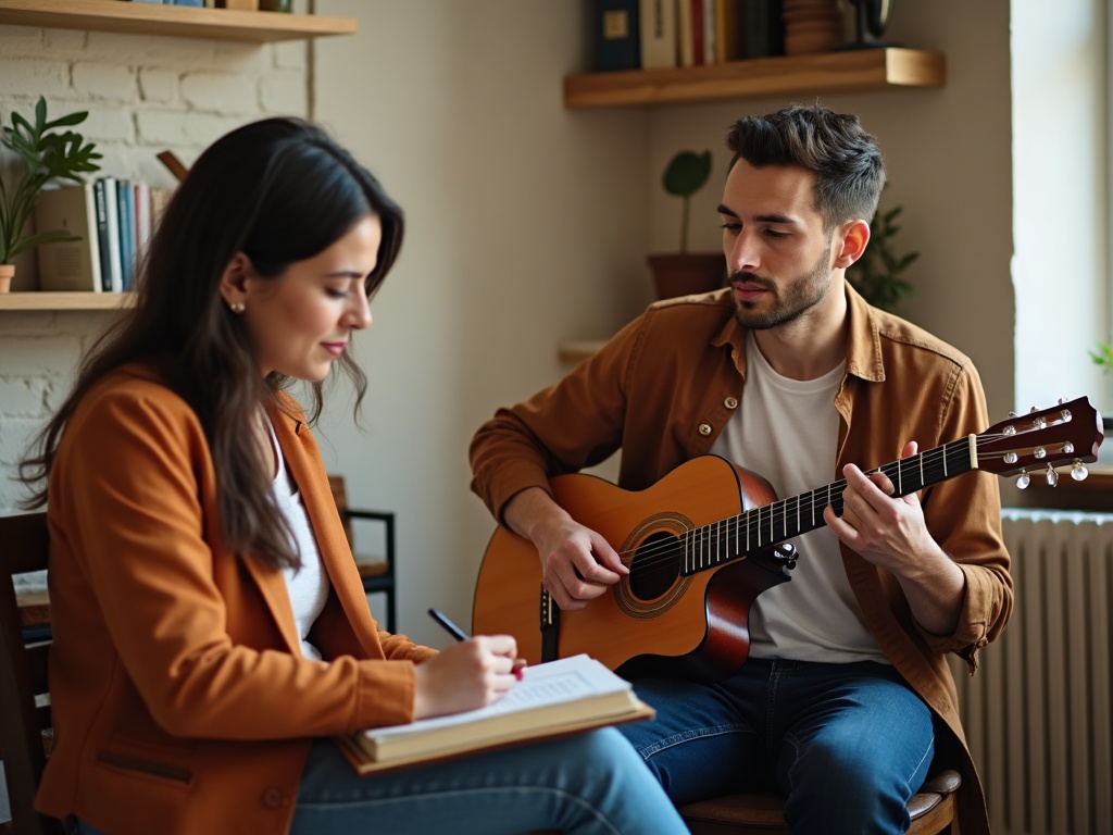 Alumno adulto toca guitarra acústica mientras el profesor anota en cuaderno de clase