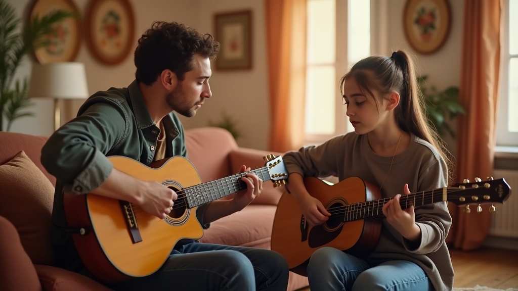 Profesor de guitarra enseña acorde a joven alumna en sala de estar iluminada con luz natural