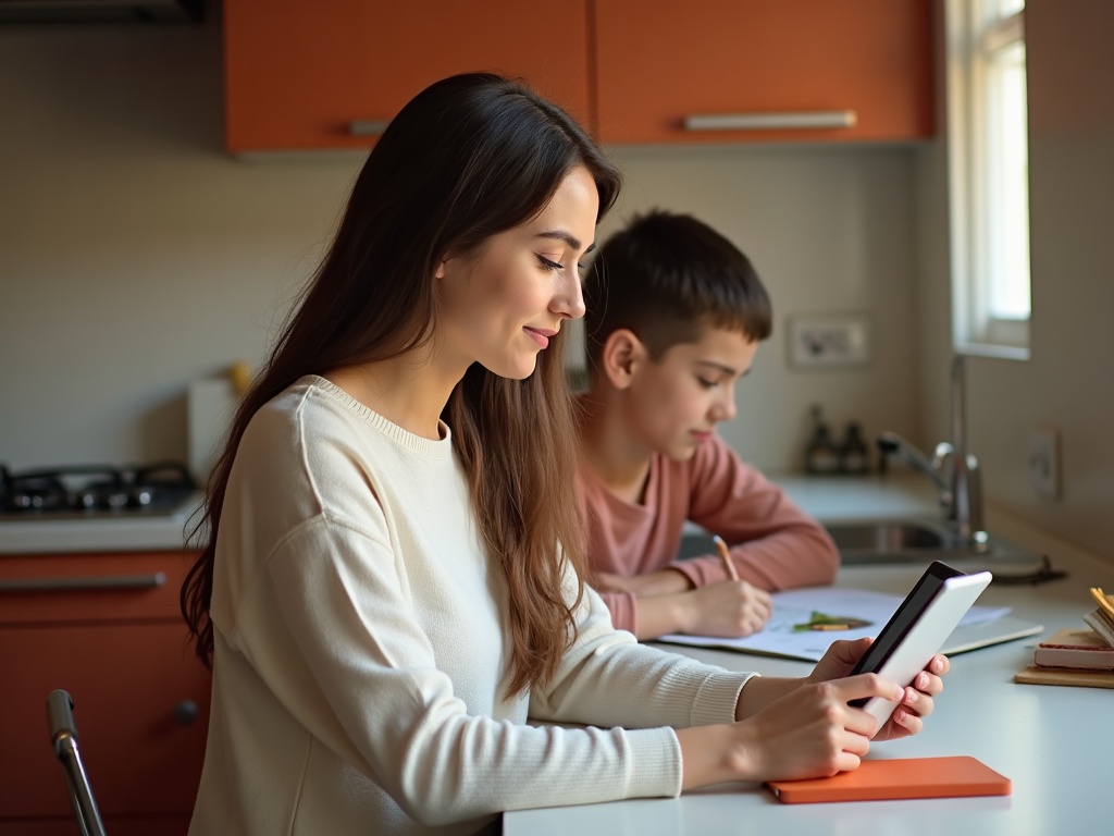 Madre consulta perfiles de profesores en tablet mientras su hijo estudia al fondo