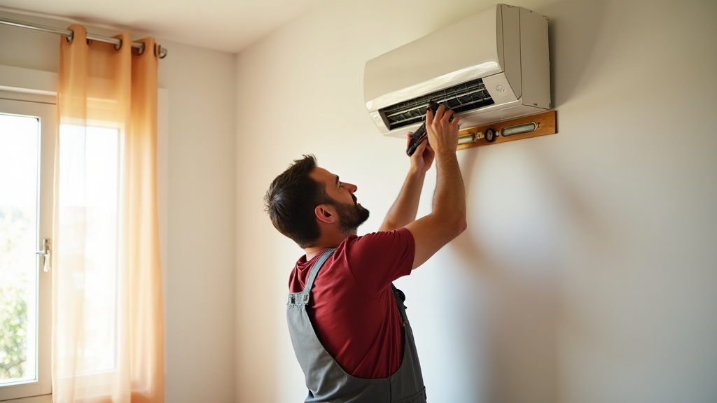 Técnico de climatización instalando unidad interior de aire acondicionado en salón español