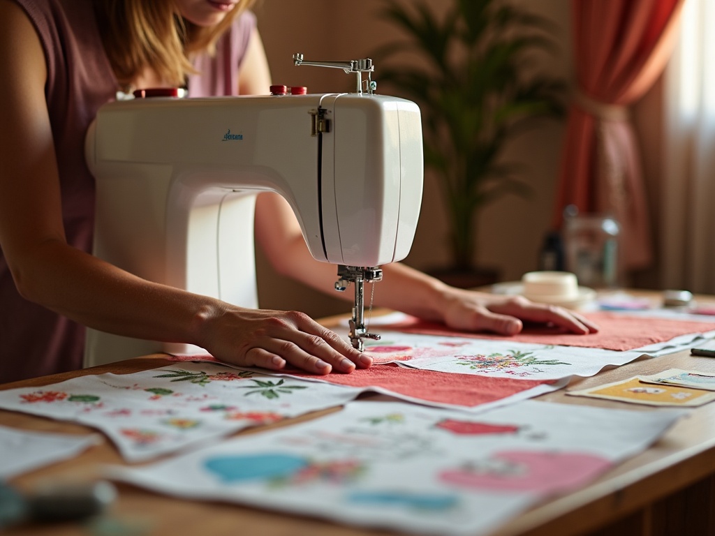 Máquina de coser en funcionamiento con tela de colores y patrones de papel sobre la mesa