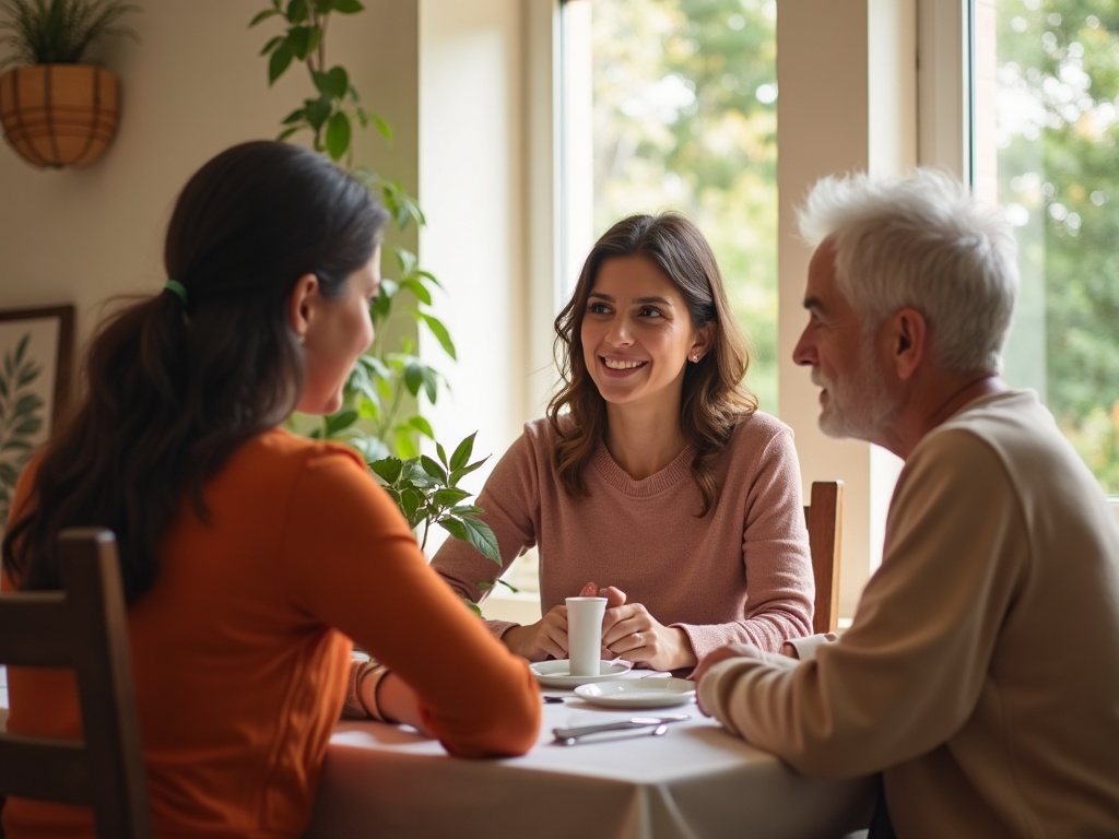 Familia reunida con cuidadora de mayores en el comedor de una casa española