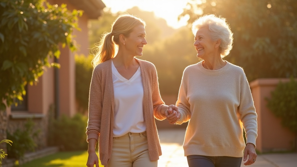 Cuidadora de mayores acompañando a una anciana a pasear por un jardín soleado