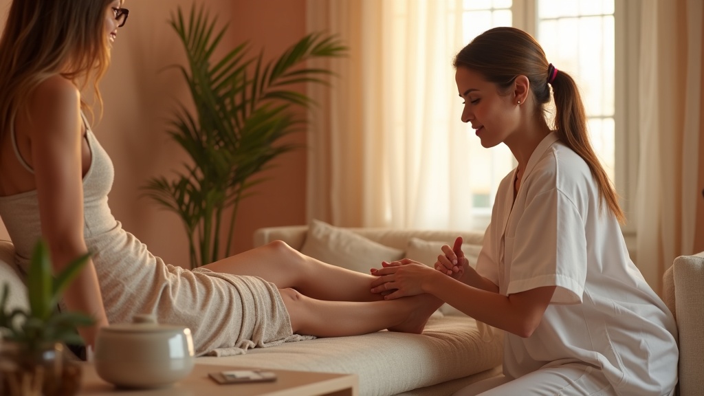 Esteticista aplicando cera en piernas de clienta en ambiente hogareño