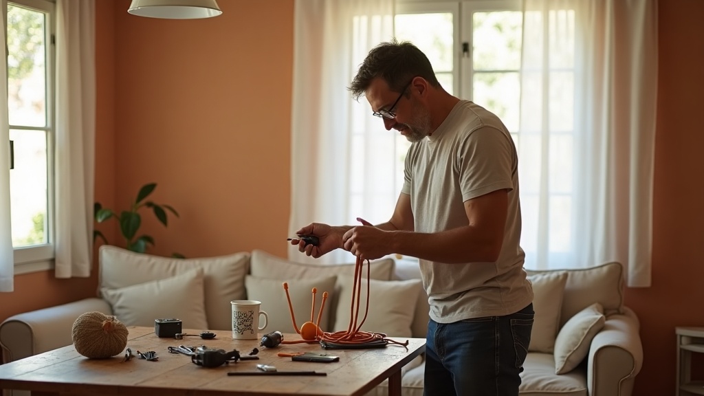 Electricista instalando punto de luz en salón de piso español