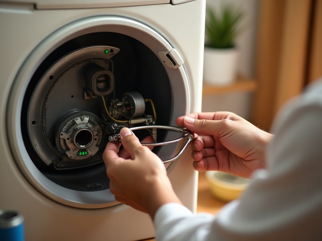 Manos de técnico revisando componentes de electrodoméstico