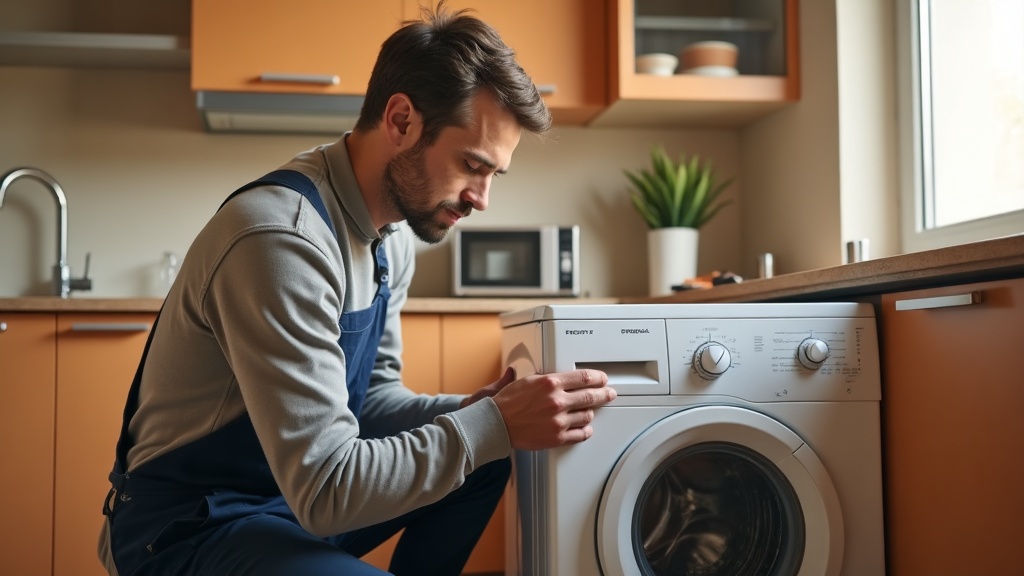 Técnico reparando lavadora en cocina española