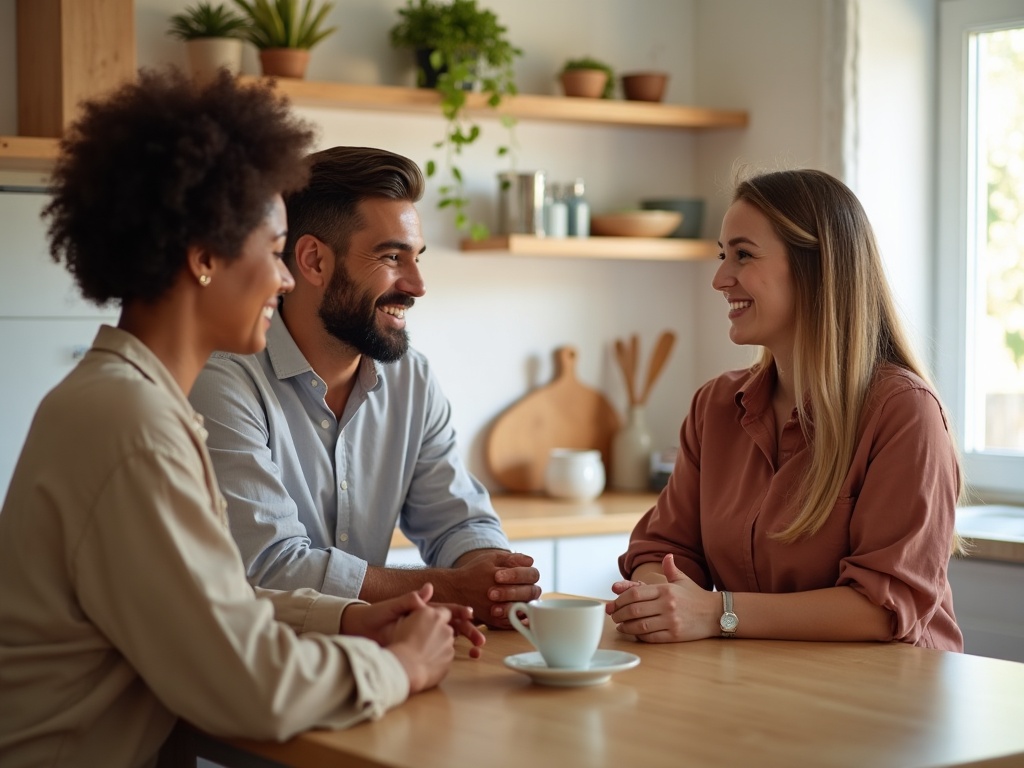 Familia española hablando con candidata a empleada de hogar en la cocina de su casa