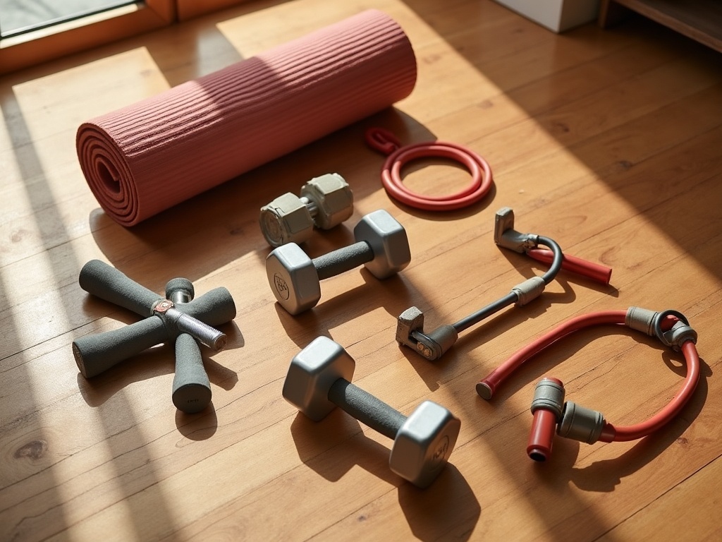 Colección ordenada de material de entrenamiento: mancuernas, bandas elásticas y esterilla sobre suelo de madera