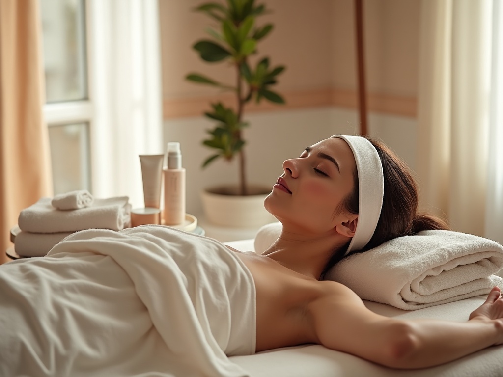 Clienta recostada con turbante en cama de tratamiento portátil con productos de skincare en mesita