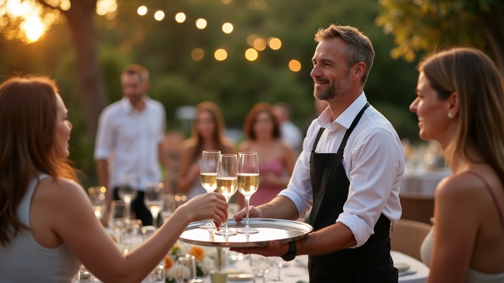 Camarero de eventos sirviendo copas de cava a los invitados en una celebración privada en jardín