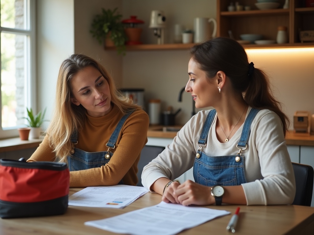 Fontanera revisando presupuesto con cliente en cocina española