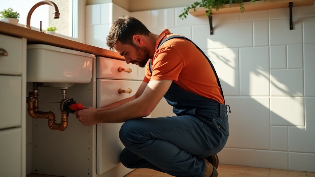 Fontanero revisando instalación bajo fregadero de cocina en hogar español