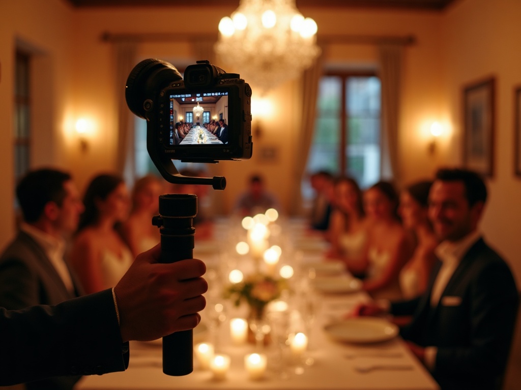 Videógrafo con gimbal grabando durante cena de gala en salón con luz cálida