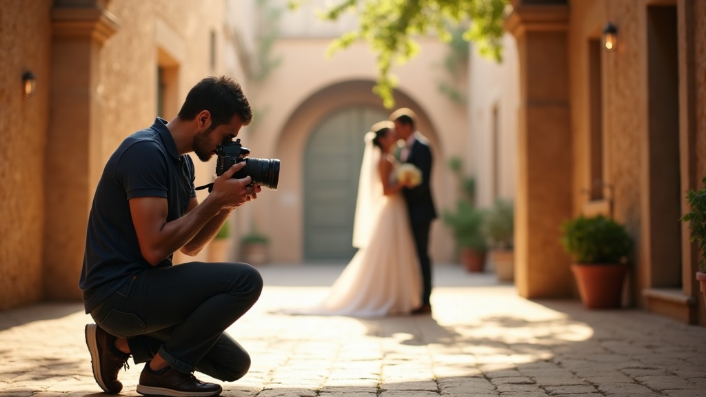 Fotógrafo profesional captando un momento íntimo en una boda al aire libre en España