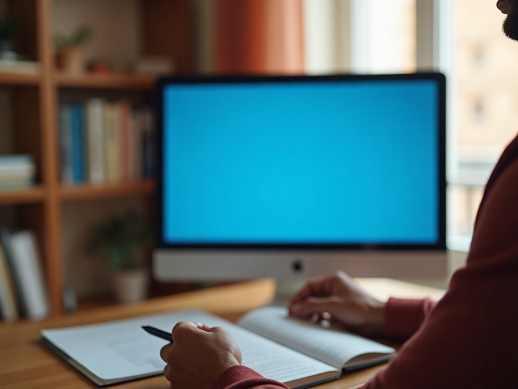 Pantalla azul de error en ordenador de sobremesa mientras el técnico toma notas