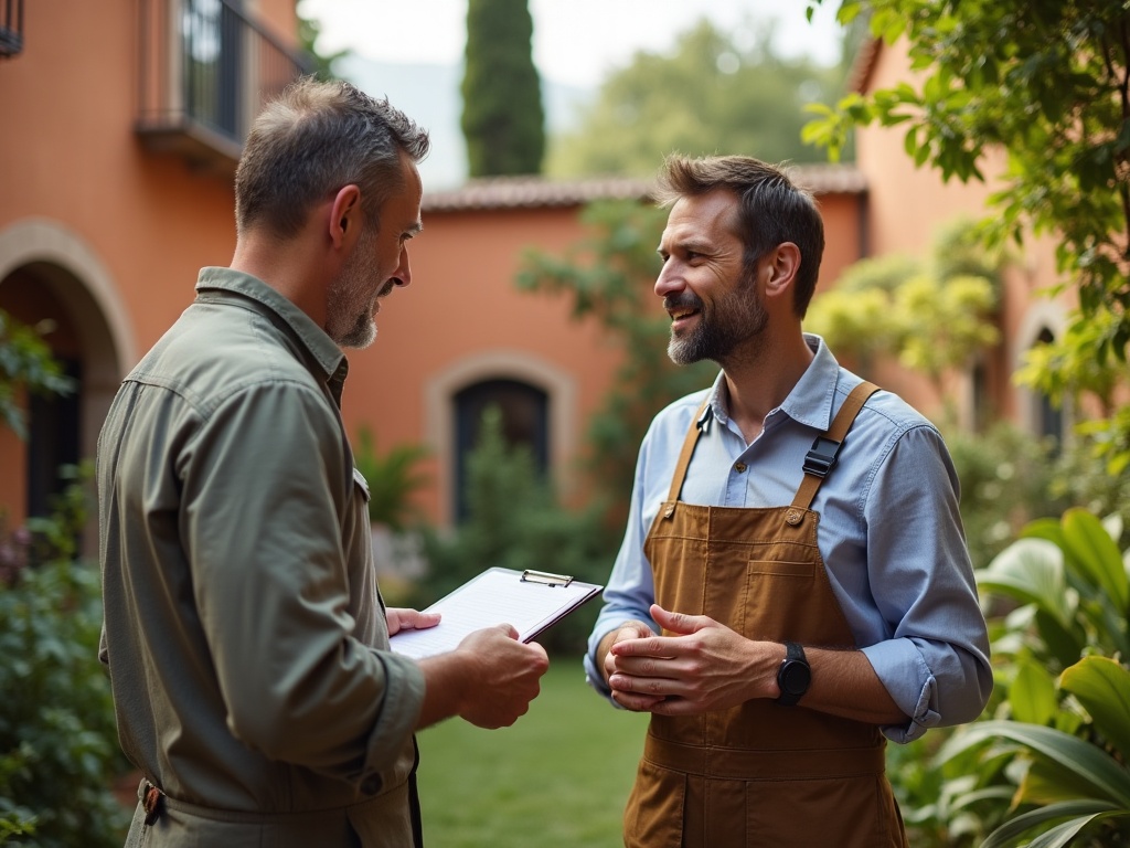 Jardinero asesorando a propietario de casa sobre diseño de jardín en patio exterior