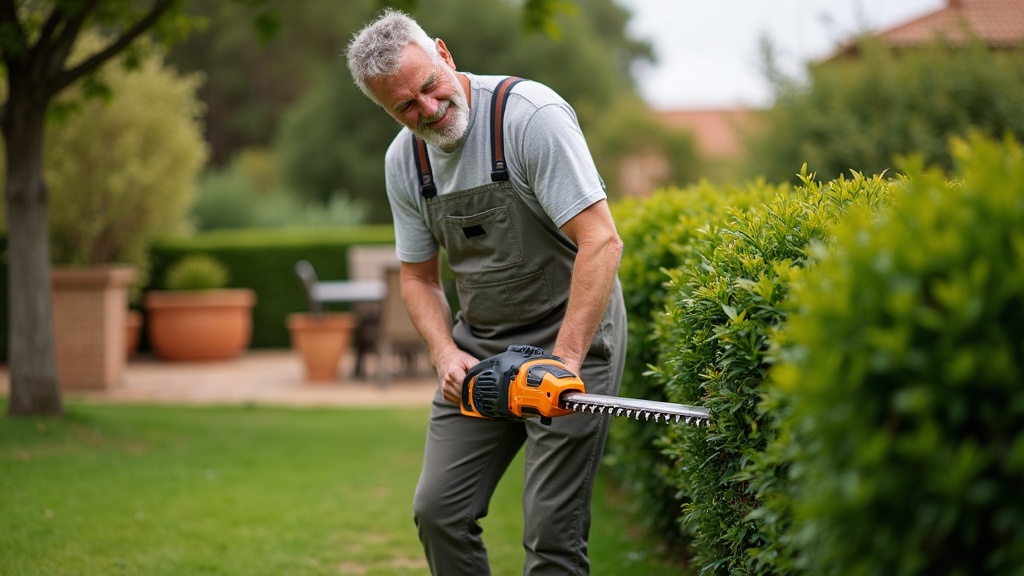 Jardinero profesional podando setos en el jardín de una casa unifamiliar española
