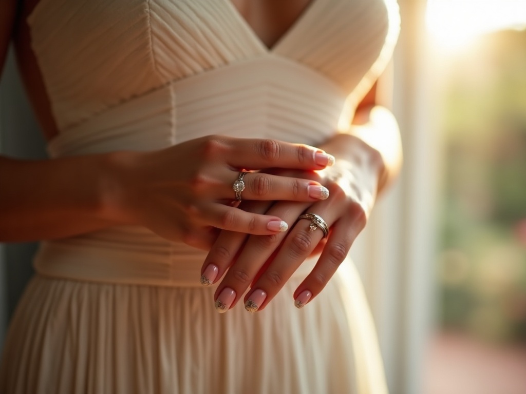 Manos de novia recién manicuradas con anillo de compromiso