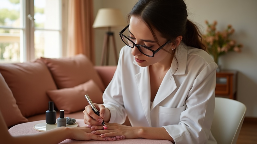 Manicurista aplicando esmalte de gel en manos de clienta en casa