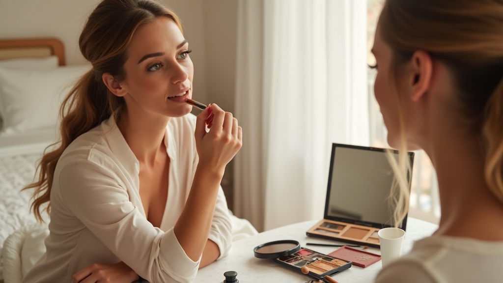 Maquilladora profesional aplicando base a novia en habitación con luz natural