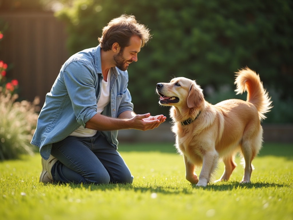 Cuidador de mascotas juega con golden retriever en jardín de casa particular
