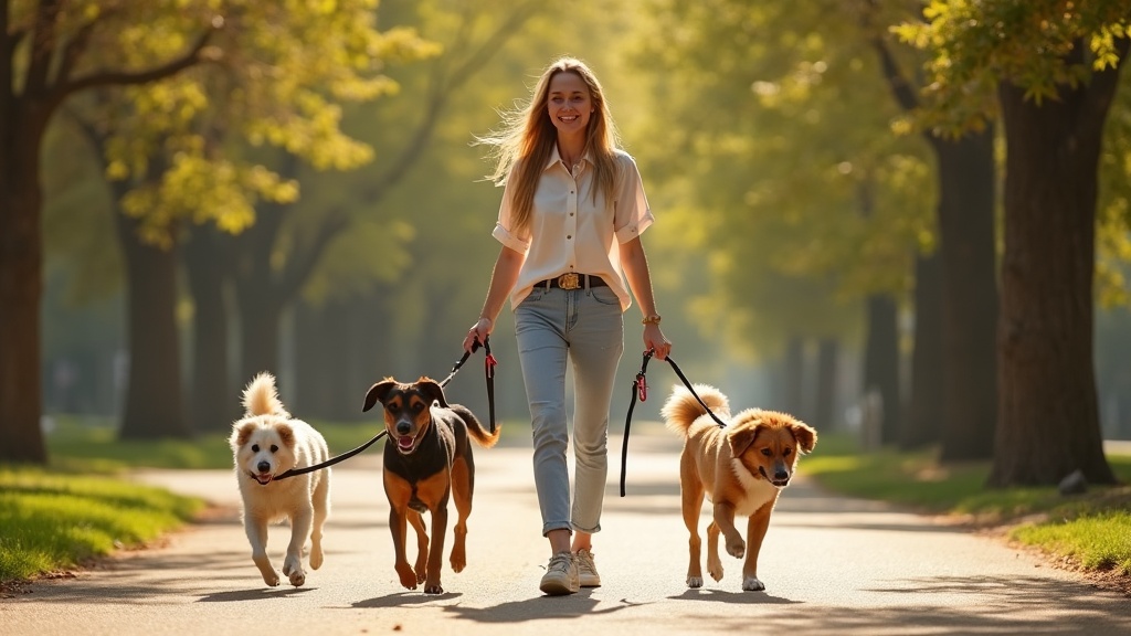 Paseadora de perros camina con tres perros por parque urbano en Madrid en día soleado