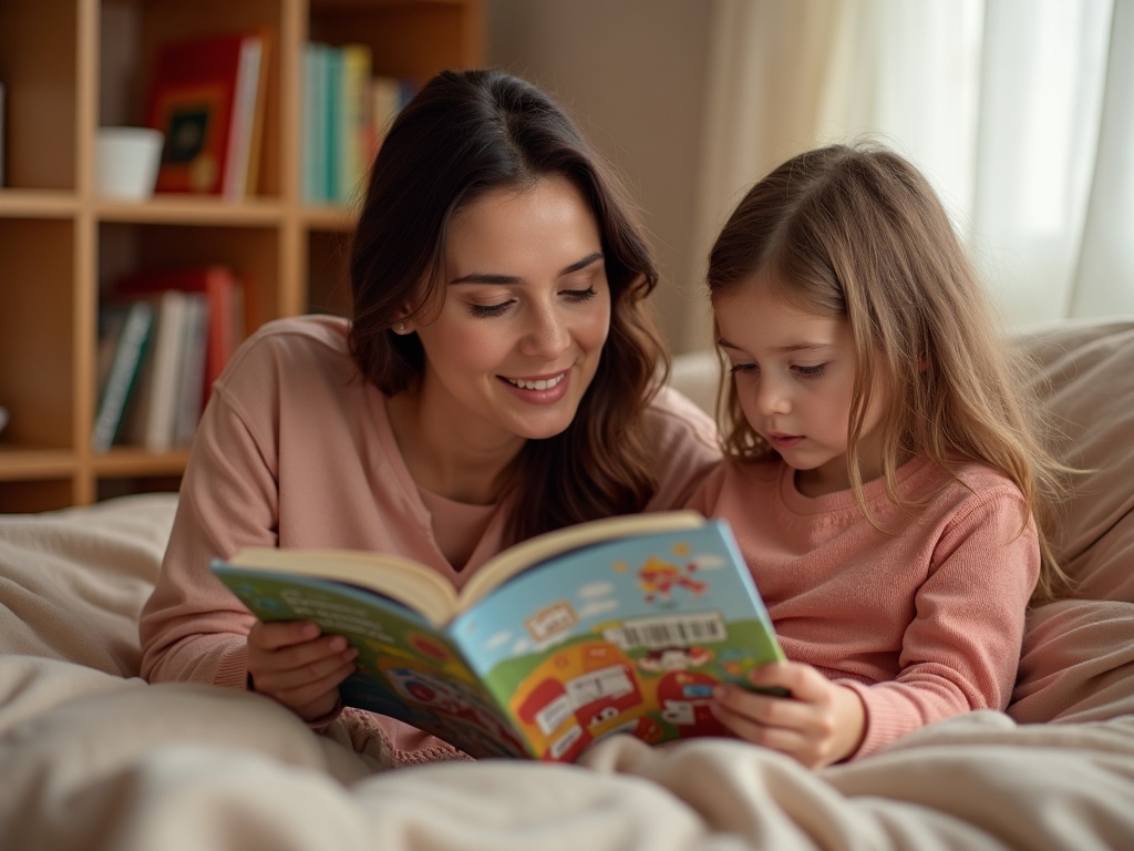 Niñera leyendo un cuento a niña de unos 5 años en una habitación infantil española