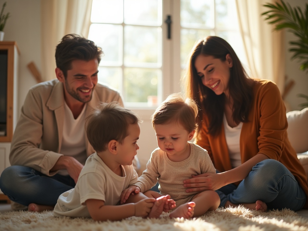Padres observando cómo niñera candidata interactúa con su hijo pequeño en el salón