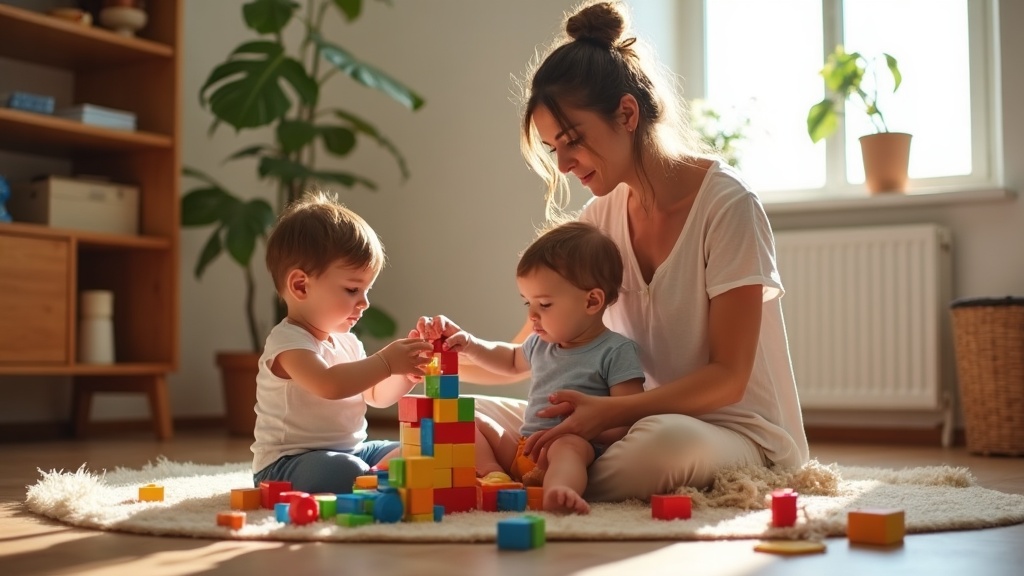 Niñera jugando con dos niños pequeños en el salón de una casa española luminosa