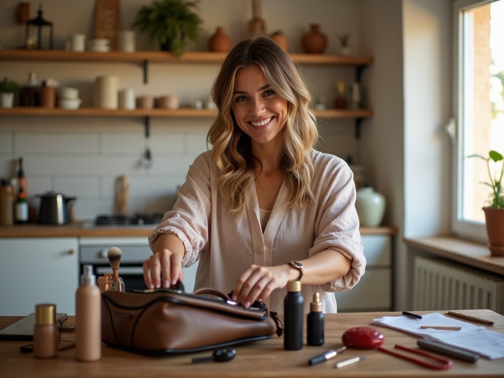 Peluquera abriendo maletín con productos y herramientas en salón de casa