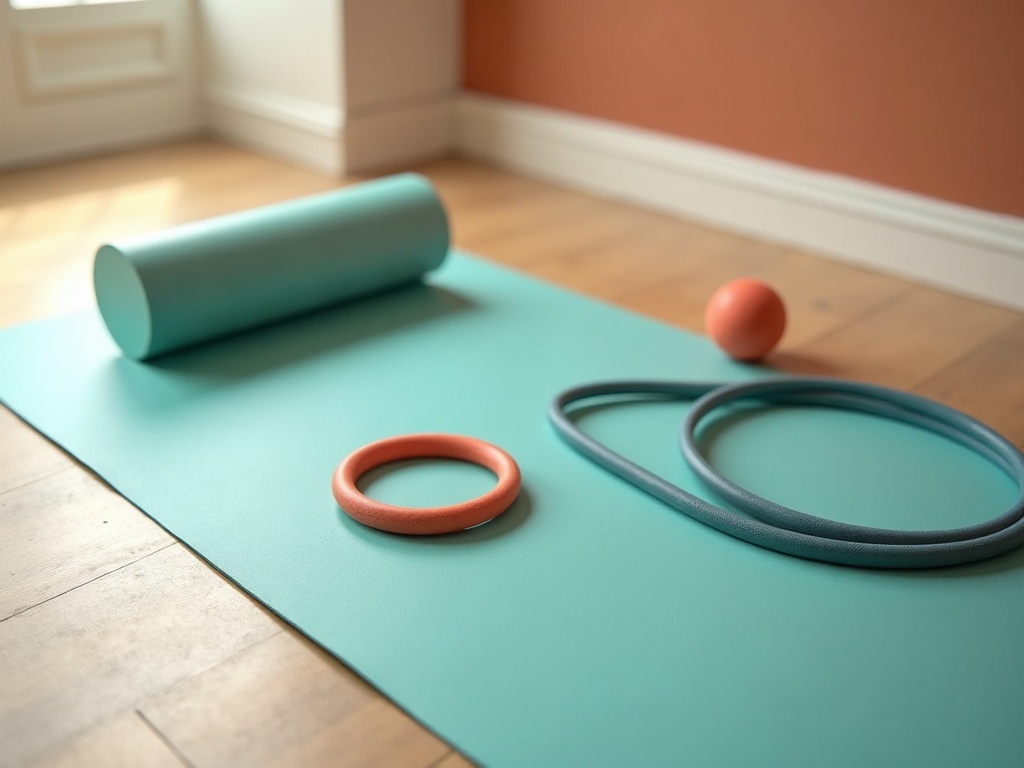 Accesorios de pilates ordenados sobre esterilla: aro de pilates, pelota pequeña y banda elástica