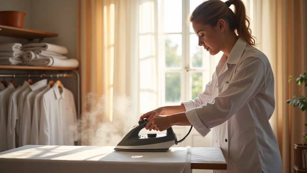 Profesional de planchado a domicilio planchando camisas blancas en una tabla con vapor