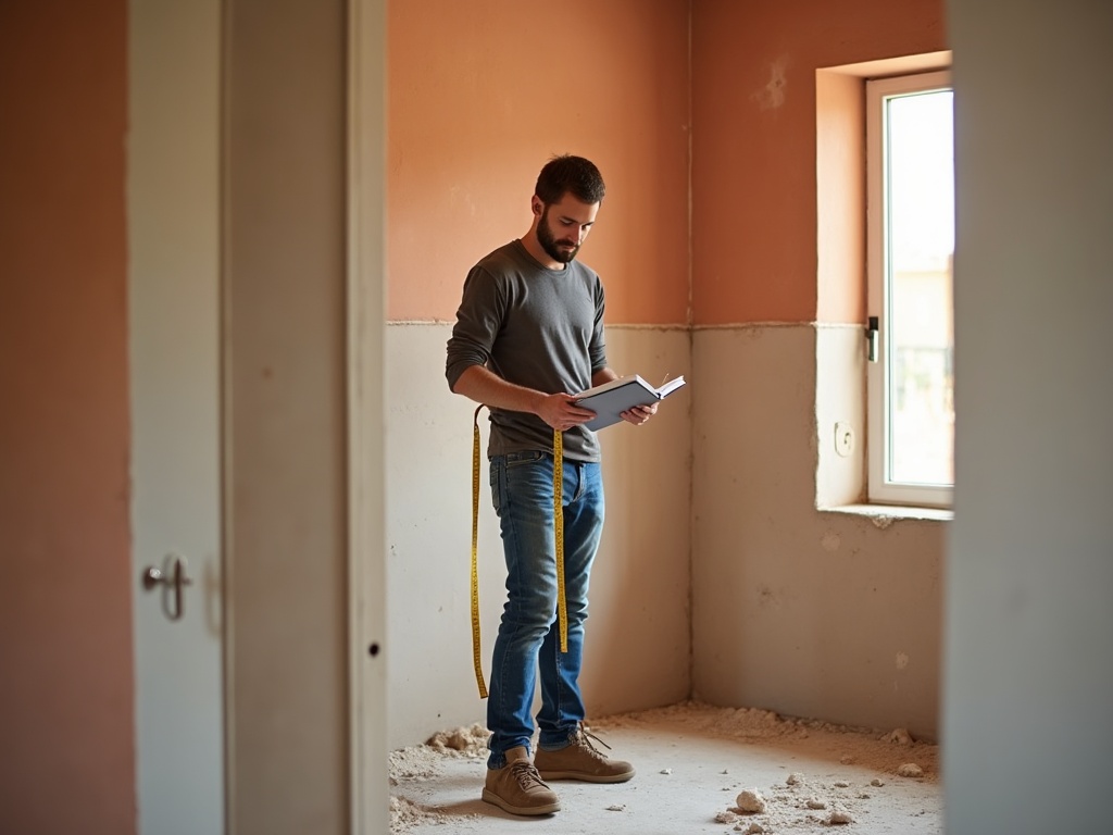 Reformista tomando medidas en baño vacío con metro y bloc de notas