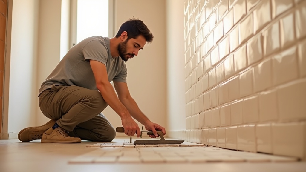 Albañil alicatando pared de baño en reforma de piso español