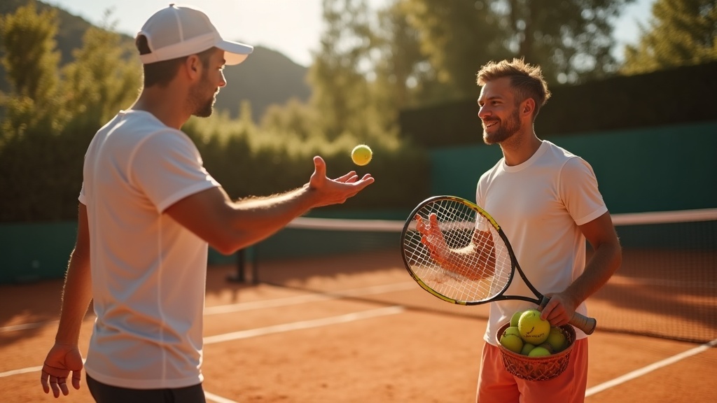 Profesor de tenis lanzando bolas a alumno adulto en pista de tierra batida en España