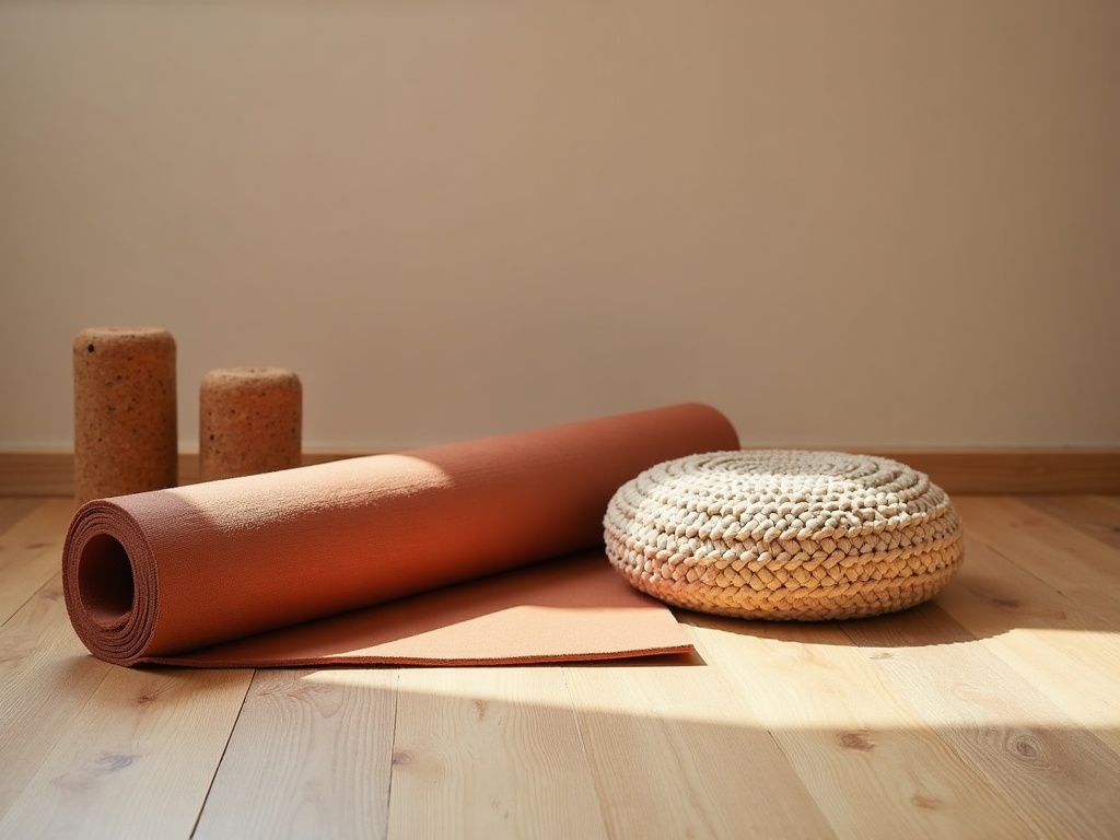 Esterilla de yoga enrollada junto a bloques de corcho, una manta doblada y un cojín de meditación sobre suelo claro